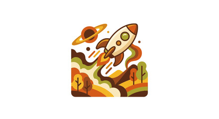 Retro 1970s Psychedelic Landscape with Saturn and Trees Vector Illustration © ktp