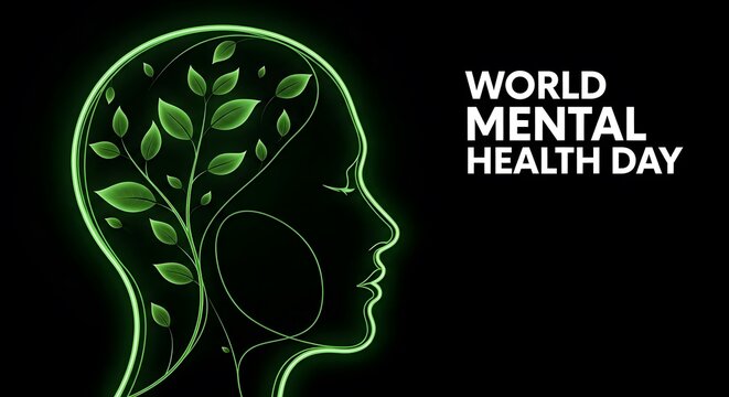 World mental health day concept human profile with growing foliage inside