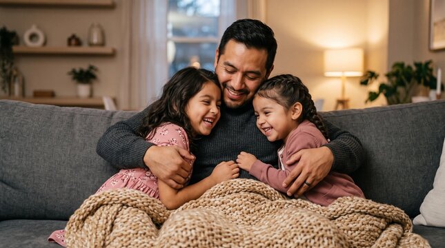 Loving father embracing his two cheerful young daughters on a couch under a cozy knit blanket in a warm, modern living room