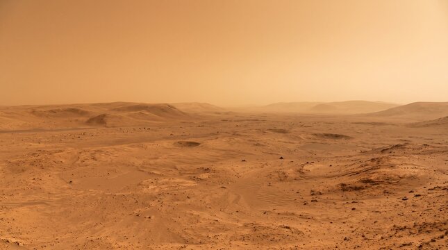 Extraterrestrial exploration and planetary science, panoramic view of the rocky Mars surface with dusty atmosphere, remote desert landscape and space discovery
