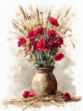 Vintage Botanical Bouquet of Red Carnations and Wheat on Rustic Paper. AI generative.