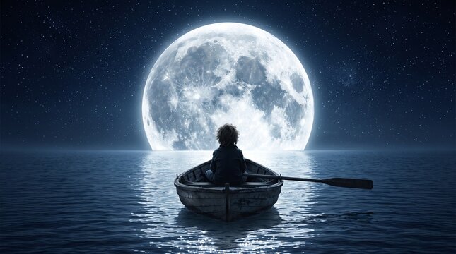 Solitude and introspection, a lone person rowing a small boat on calm water under a giant full moon, tranquil night landscape and peaceful atmosphere