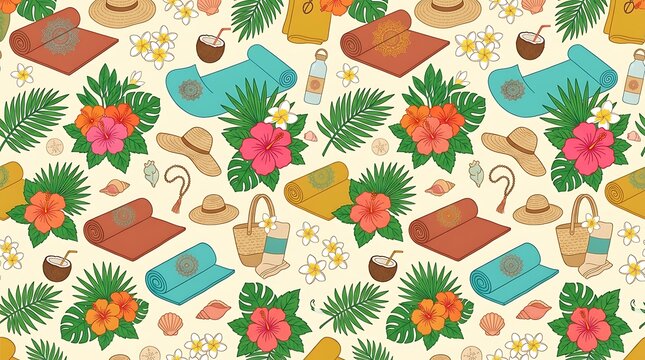 Tropical yoga and wellness seamless pattern with hibiscus and mats