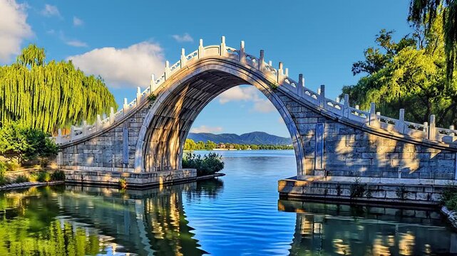 Timelapse view of Xiuyi Bridge arch over Kunming Lake in the Summer Palace, Beijing, with moving clouds, water reflections and classic Chinese imperial garden scenery.