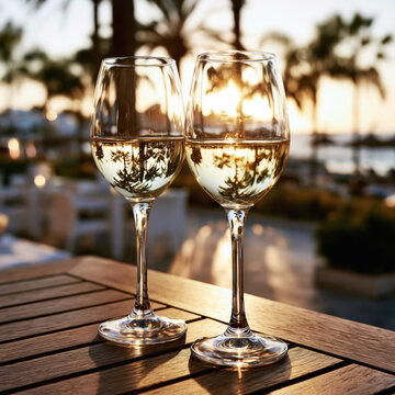 White Wine Glasses at Mediterranean Sunset &ndash; AI Generative