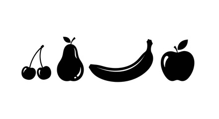 Black silhouettes of various fruits on white background with silhouettes cherries pear banana apple white illustration graphic healthy simple © Priyanka