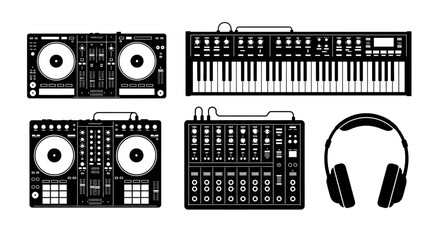 Dj equipment and headphones on white background with collection equipment synthesizer electronics technology controller recording turntable with keyboard © Priyanka