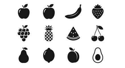 Black and white icons of various fruits with collection 12 black fruit icons white background strawberry watermelon pineapple cherries avocado © Priyanka