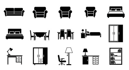 Black and white furniture icons set with collection black white background bookshelf wardrobe interior office chair table decor sofa with desk © Priyanka