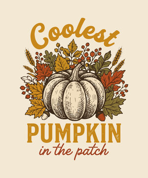 Coolest pumpkin in the patch autumn graphic design with colorful fall leaves and hand drawn sketch style illustration for seasonal holiday apparel and decoration