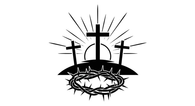 Crucifixion scene with crown of thorns with depicts black white front three crosses crosses hill sun white graphic christianity spirituality