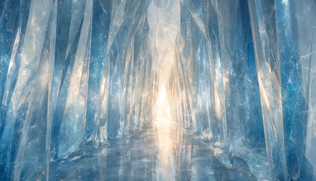 Abstract ice tunnel scene with warm golden light radiating through massive frozen crystal walls structure radiating formations landscape transparent shimmering dramatic interior