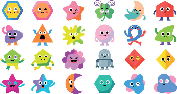 Colorful cartoon characters designed from geometric shapes including stars, circles, triangles, hexagons, diamonds, and abstract playful forms