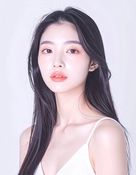 Elegant Beauty Portrait with Dewy Clear Skin and Long Black Hair