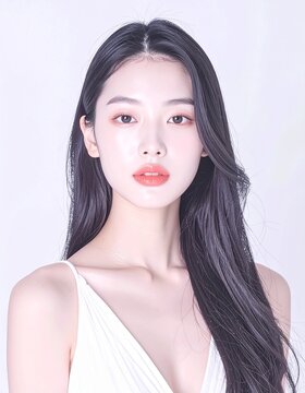 Elegant Beauty Portrait with Dewy Clear Skin and Long Black Hair