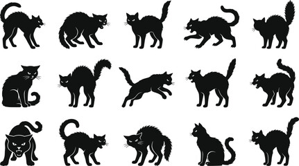 Naklejka premium Halloween Black Cat Silhouette Bundle Featuring Creepy Hissing Feline Poses for Haunted House Decorations, Horror Clipart, Gothic Graphics, Witch Crafts, and Spooky October Designs
