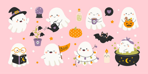 Halloween ghost  set with cute spooky elements. Adorable and friendly ghosts, bat, magic bullet, pumpkin, candle and magic objects.  Flat vector illustration. © Nataliia Vyshnytska