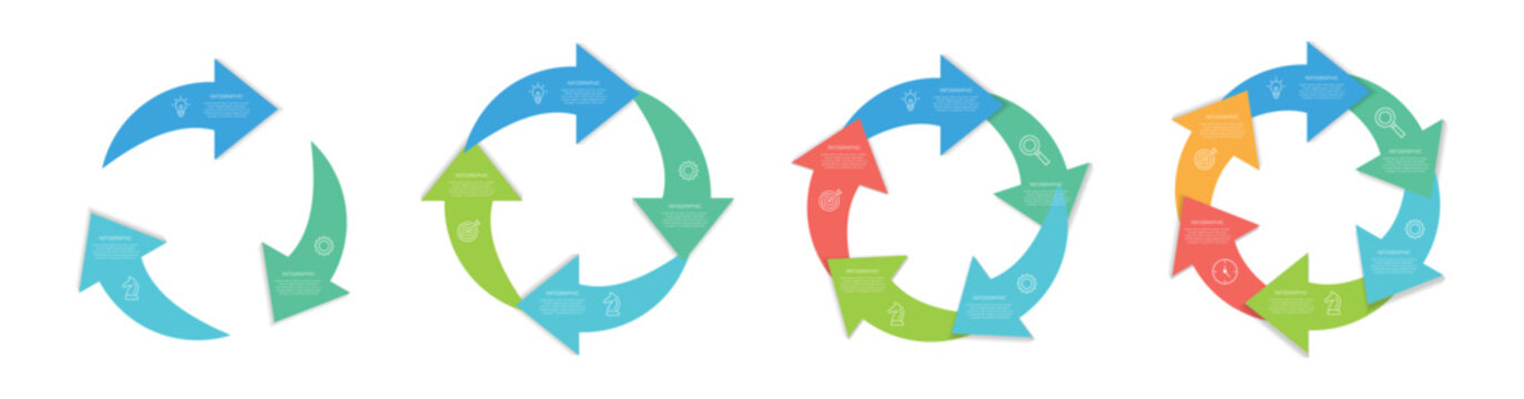 Circle arrows infographics set. Circular arrows with 3-6 steps, options. circular arrow infographic. Template for cycle diagram, graph, presentation and round chart. Business concept with data process