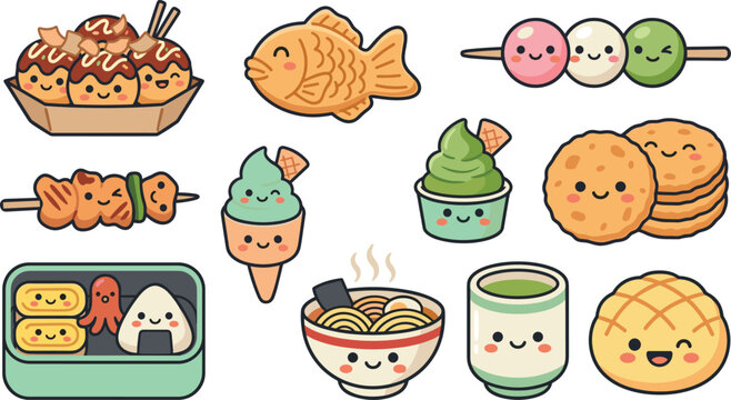 Cute Japanese food cartoon characters including ramen, bento, takoyaki, taiyaki, dango, matcha ice cream, melon pan, and kawaii snacks