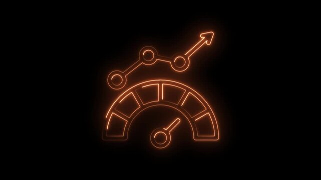 Neon gauge speedometer and upward trending graph with arrow symbolizing growth progress icon