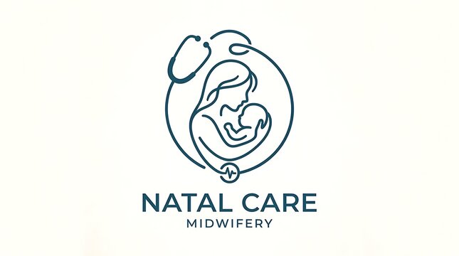 Natal care midwifery logo design. Mother and baby line art icon for medical clinic branding.