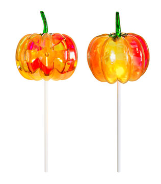 Halloween pumpkin jack o lantern lollipop, spooky candy sweet treat for trick or treat party decoration, transparent background 