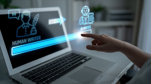 A hand interacts with a laptop displaying a human and AI writer collaboration. The futuristic concept illustrates the merging of creativity and technology in writing. Liminal