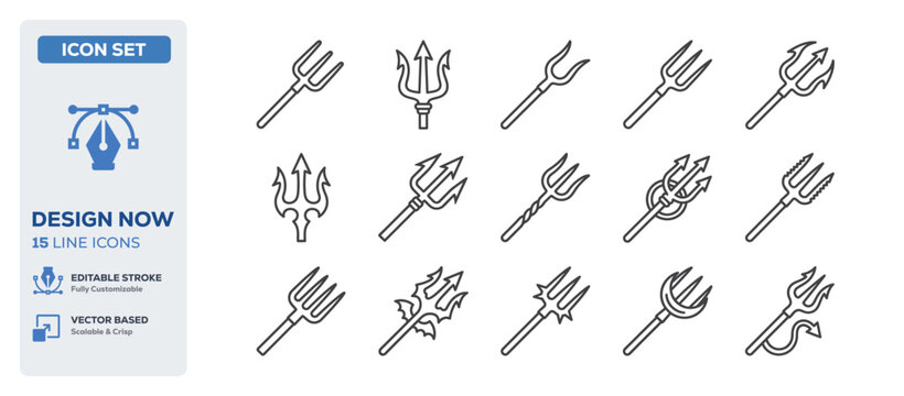 flat vector illustration line art icon bundle set design displaying mythological sea tridents devil pitchforks sharp weapon spikes and legendary fishing spear graphics UI