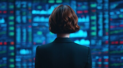 Fototapeta premium A person with short hair and a dark blazer stands facing multiple digital screens filled with colorful data and charts in a futuristic control room.
