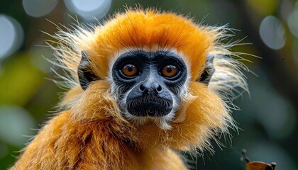 Naklejka premium Close-up portrait of a vibrant orange monkey with a black face and fluffy fur.