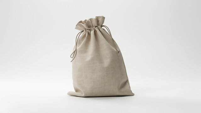 Natural linen drawstring bag with cinched and cord closure isolated on a clean white background