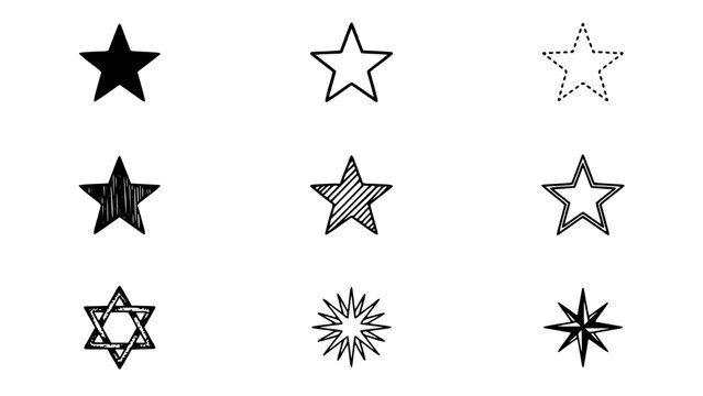 Star Shapes Icon Set with Nine Distinct Spark and Outline Styles Arranged in a Clean 3x3 Grid Featuring Starburst, Silhouette