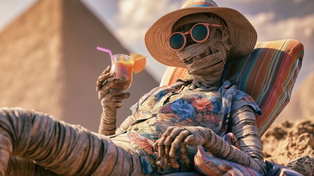 Funny ancient Egyptian mummy wearing sunglasses and a vacation hat, relaxing near the pyramids with a tropical drink. Humorous desert holiday and travel advertisement concept.