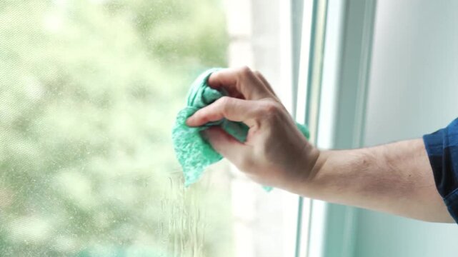 Close up of a hand polishing a wet window pane with a green microfiber rag at home