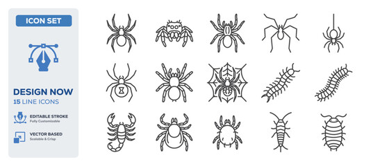 Fototapeta premium flat vector illustration line art icon bundle set design highlighting crawling creepy spiders scary black tarantulas halloween bug insects and horror nature wildlife UI app