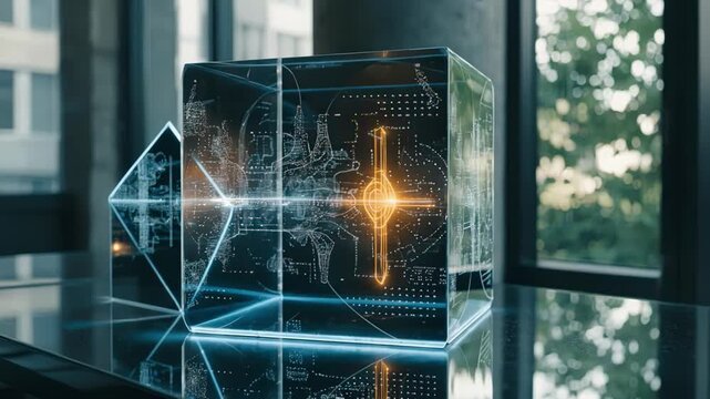 Medium shot of an AIpowered portfolio managers workstation focusing on the glowing display showing adaptive algorithm outputs with surrounding environment softly blurred.
