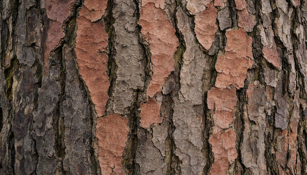 Detailed texture of thick textured tree bark on trunk of mature pine forest tree with background environment woodland exterior weathered forestry material wildlife hardwood wilderness