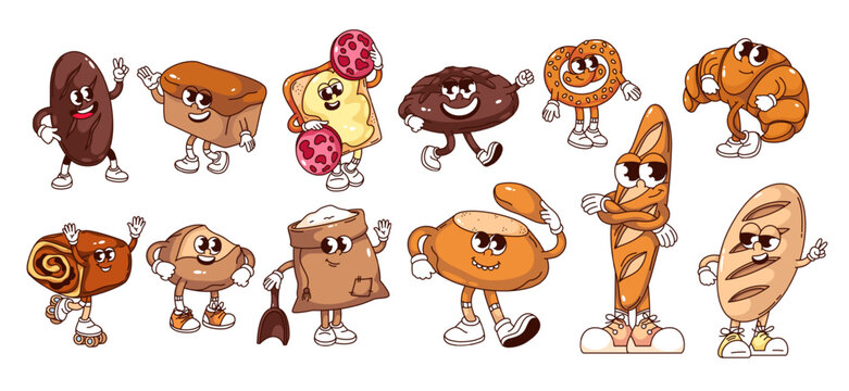 Bread cartoon character set with baguette, croissant, pretzel, toast, pastry and flour characters. Bakery, menu and packaging designs feature a bread cartoon set, vector illustration.
