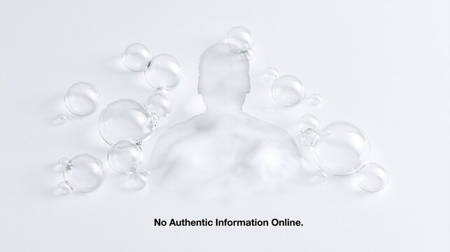 Digital warning about fake information and online deception with transparent bubbles surrounding a silhouette figure on white background