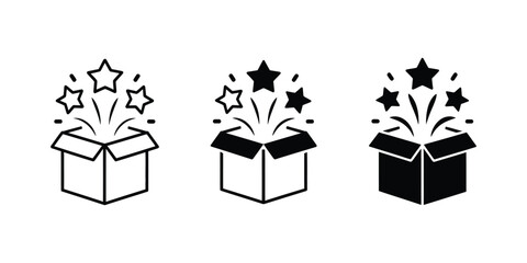 Open gift box icon set, magic box symbols, stars decoration, line and solid style gift packaging graphics, editable vector illustration. ©   