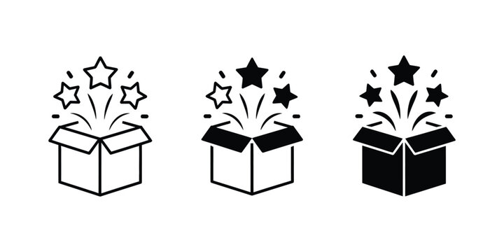 Open gift box icon set, magic box symbols, stars decoration, line and solid style gift packaging graphics, editable vector illustration.