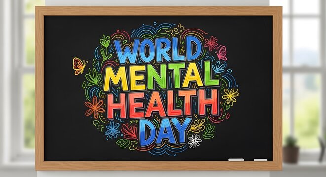World mental health day chalkboard illustration with colorful lettering