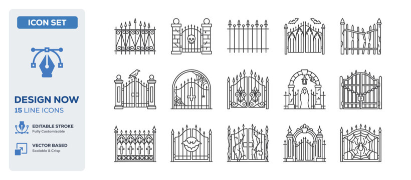 flat vector illustration line art icon bundle set design highlighting metal fencing structures secure iron boundary gates home protections house property borders graphics