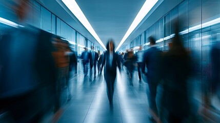 Fototapeta premium Business people walking in fast paced corporate office hallway