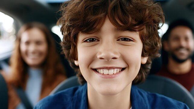 Happy boy smiling during family road trip