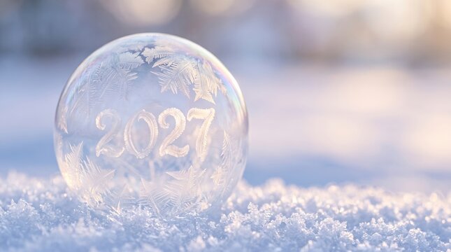 frozen soap bubble with frosted 2027 numbers and delicate ice patterns resting on snow in soft pastel morning light
