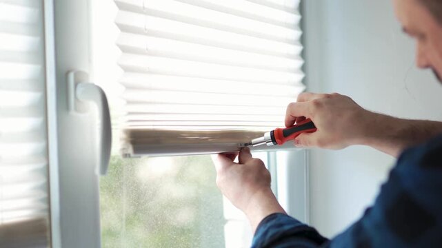 Man using a screwdriver to install or repair white pleated window blinds at home