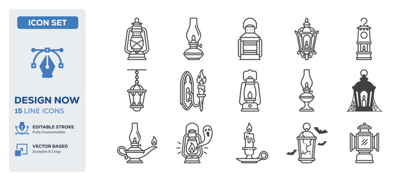 flat vector illustration line art icon bundle set design depicting traditional lantern lights glowing vintage gas lamps classical hanging illuminations and historical glasses