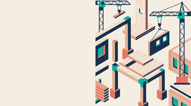 Mass Timber Construction and Low-Carbon Building Systems Flat Vector Illustration with Copy Space
