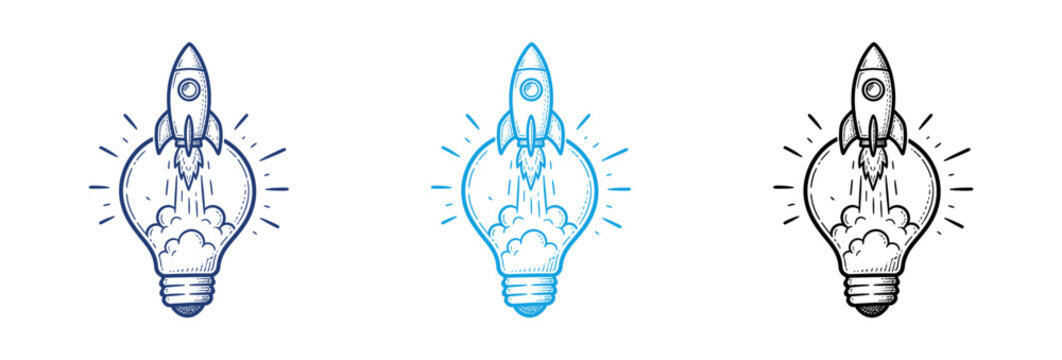 Creative business startup concept with rocket launching from light bulb sketch.